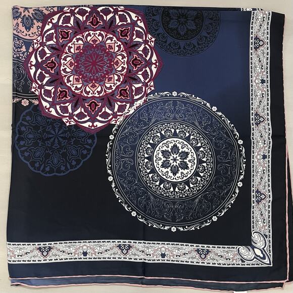 EMILYA Silk Scarf Geometric Floral Rolled Hem Navy Blue Purple NWT 40x41” - Picture 8 of 13